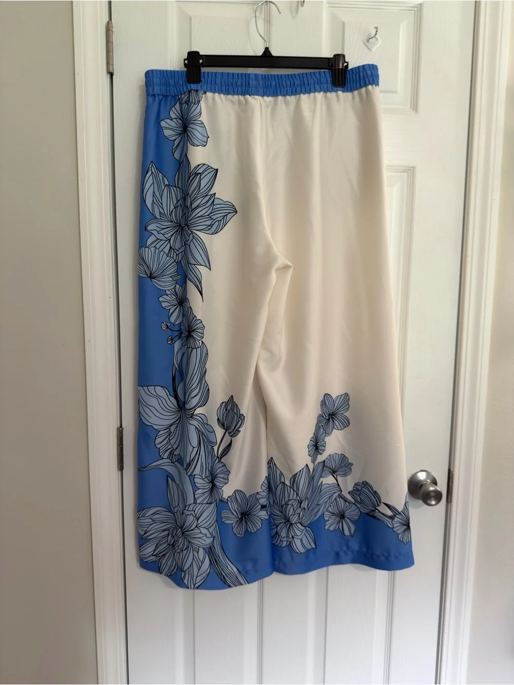 Eliane Rose White Blue Floral Wide-Leg Culotte Pants Satin Drawstring Elastic XL